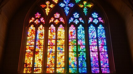 Vibrant stained glass window in gothic church interior.
