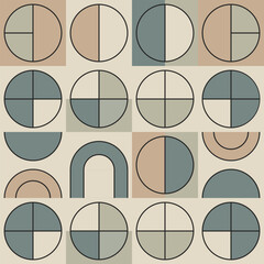 Minimal geometric seamless pattern featuring half-circles in a soft color palette of beige, light gray, and muted blue. Perfect for modern backgrounds, textiles, and digital designs.