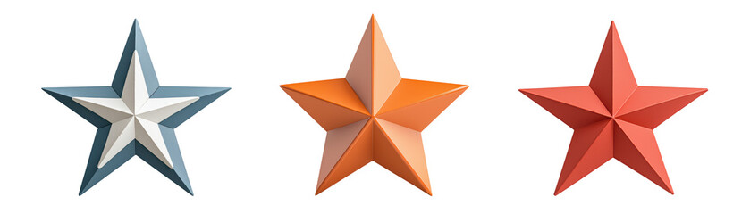 Fototapeta premium Three colorful stars in blue, orange, and red on transparency background