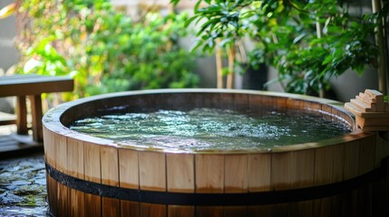 Fototapeta premium A beautifully designed wooden bathtub in a natural hot spring setting outdoors.