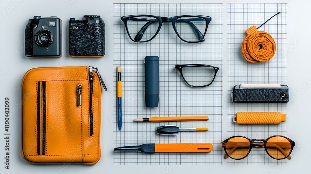Poster orderly collection of colorful objects on a clean white surface, showcasing a harmonious balance of 