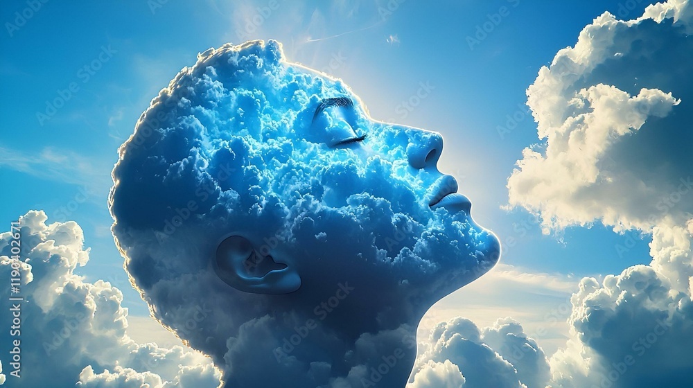 Poster head in the clouds, a minimalist concept showcasing a serene figure immersed in a dreamy, ethereal a