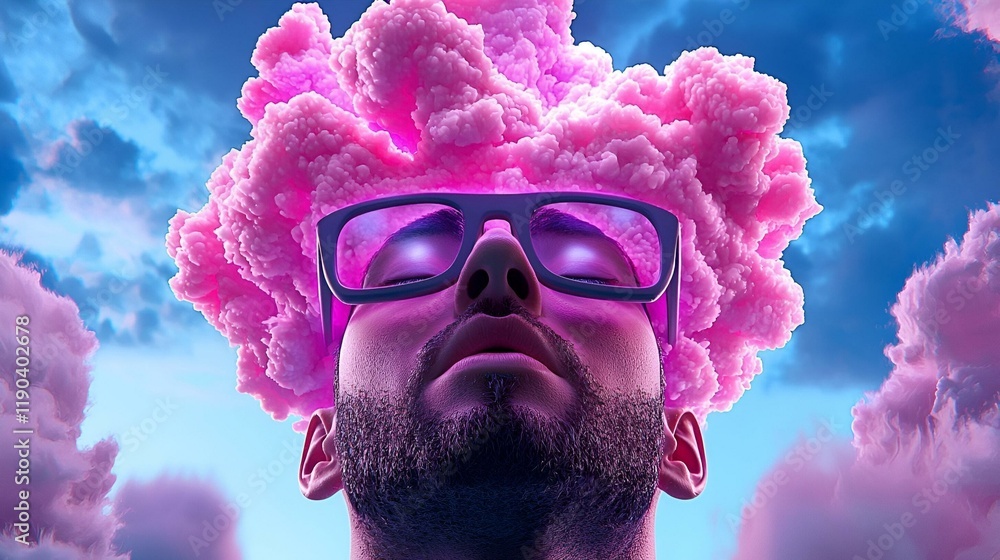 Poster head in the clouds, a minimalist concept featuring a serene figure surrounded by soft clouds, evokin