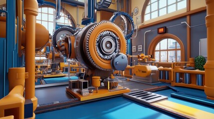 Obraz premium Orange and Blue Industrial Gear Machine in Factory Setting