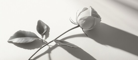 Single rose stem with leaves casting shadow on white background.