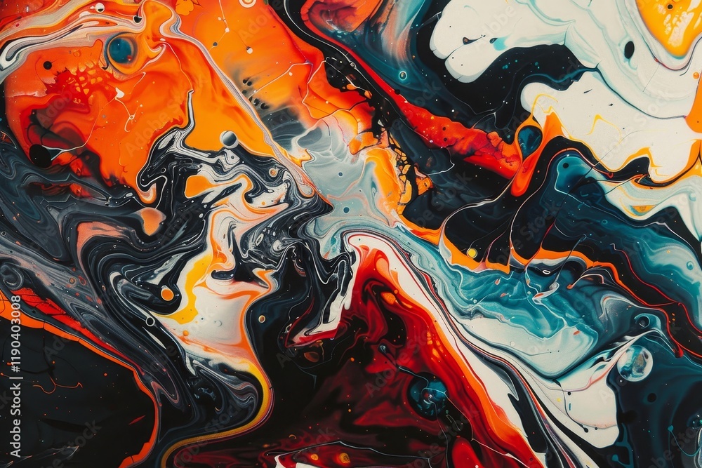 Poster close-up abstract painting with swirling patterns in orange, black, white, and blue, experiment with