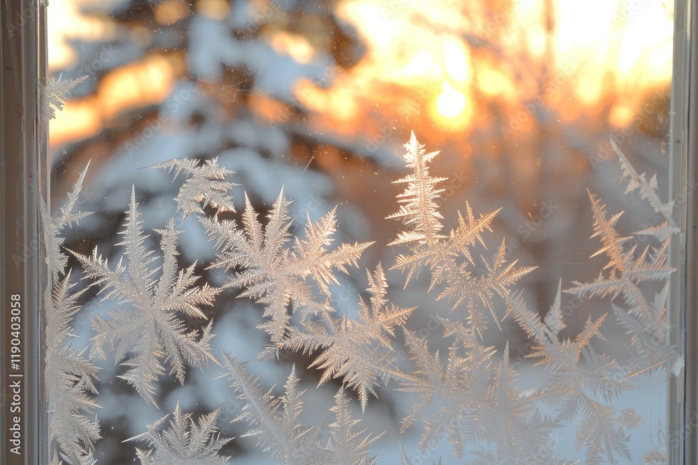 Poster frost patterns form on a windowpane, with a blurred sunset and trees visible behind them, frosty pat