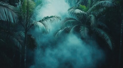 Naklejka premium Lush Green Palm Trees Enveloped In Misty Fog