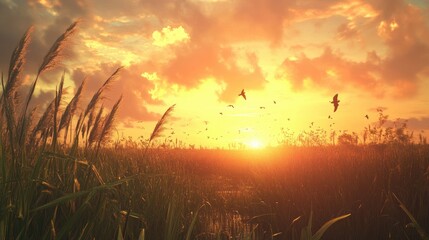 Fototapeta premium Golden Sunset Over Tall Grass With Birds In Flight