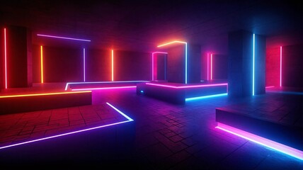 Futuristic Neon Gaming Room with Geometric Design in Cyberpunk Style
