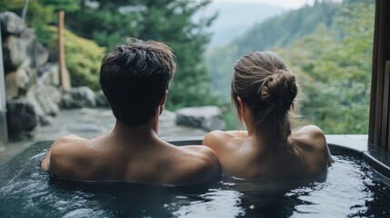 A couple enjoying the scenic view while soaking in a Japanese outdoor hot spa.