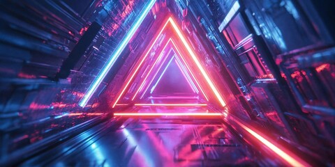 Neon Triangle Tunnel with Glowing Light Effects. Futuristic Digital Corridor. Abstract Geometric Background. Cyberpunk and Synthwave Style. Design Element for Gaming, Technology, or Music