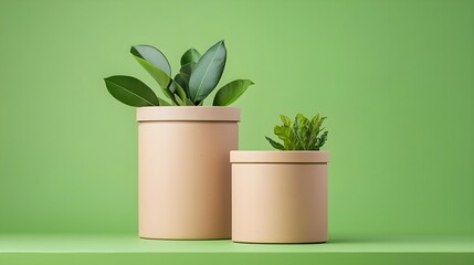 Obraz premium Two stylish potted plants in neutral containers, set against a vibrant green background, adding a fresh touch to any space.