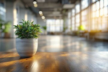 Fototapeta premium Modern Office Space with Potted Green Plant on Wooden Table - Natural Light and Indoor Decor Inspiration