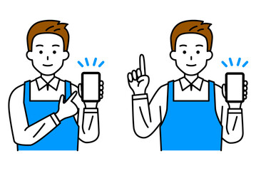 スマートフォンの画面を見せて説明するエプロン姿の男性　セット