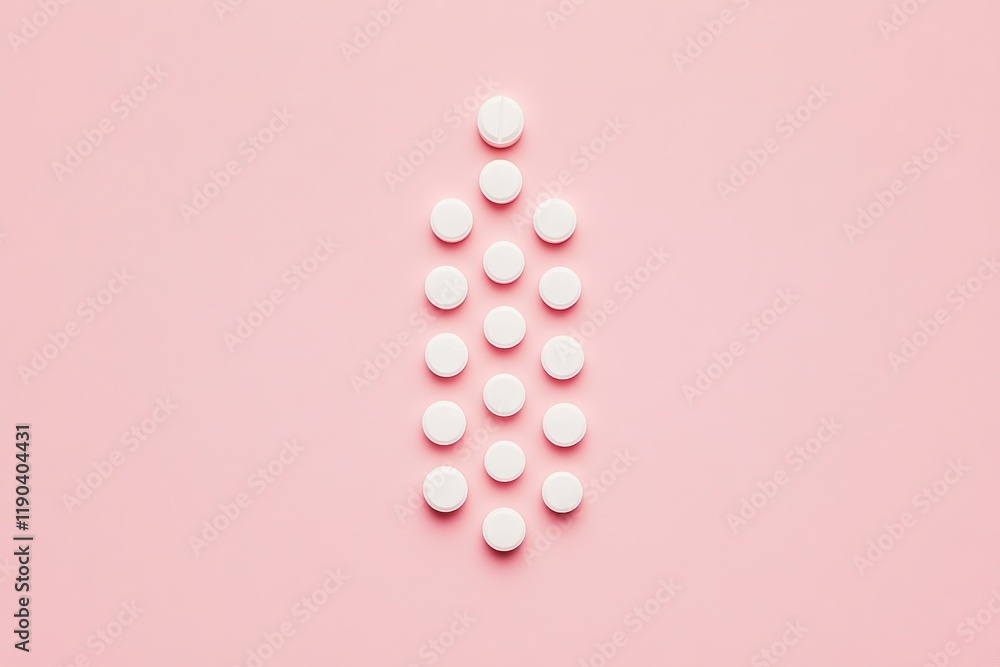 Poster white pills arranged in a vertical pattern on pink background: a minimalist composition