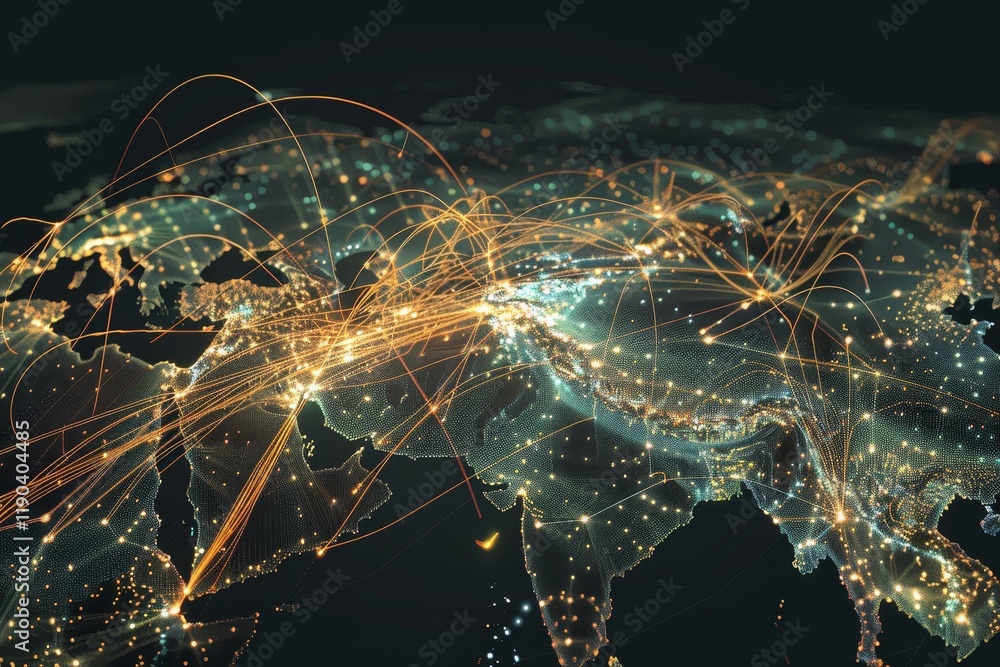 Poster a digital map highlighting the flow of information between various locations across europe and asia,