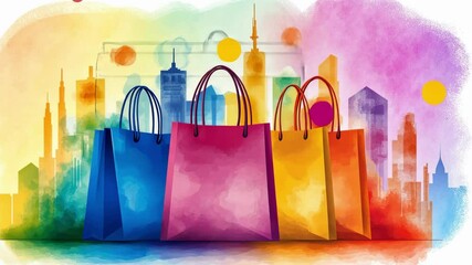 Vibrant cityscape with colorful shopping bags and abstract dots for e-commerce design