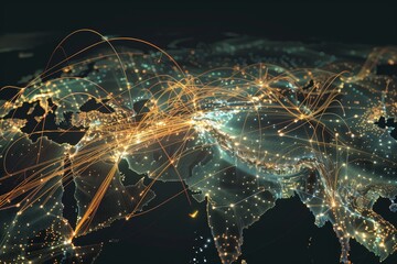 A digital map highlighting the flow of information between various locations across Europe and Asia, A visualization of the flow of information across borders