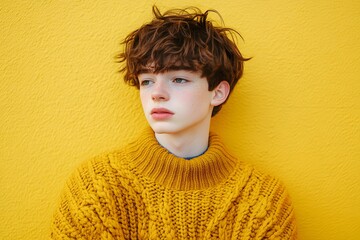 Young Man in Yellow Knit Sweater Against Yellow Wall