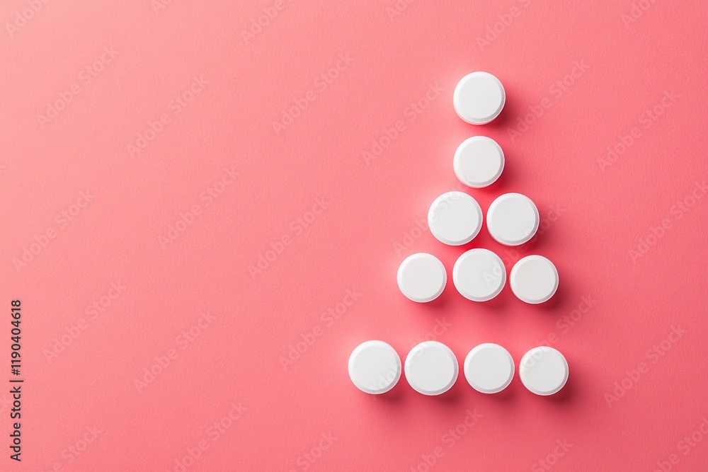 Poster white tablets arranged in a festive tree shape on pink background: a visual composition of simple sh