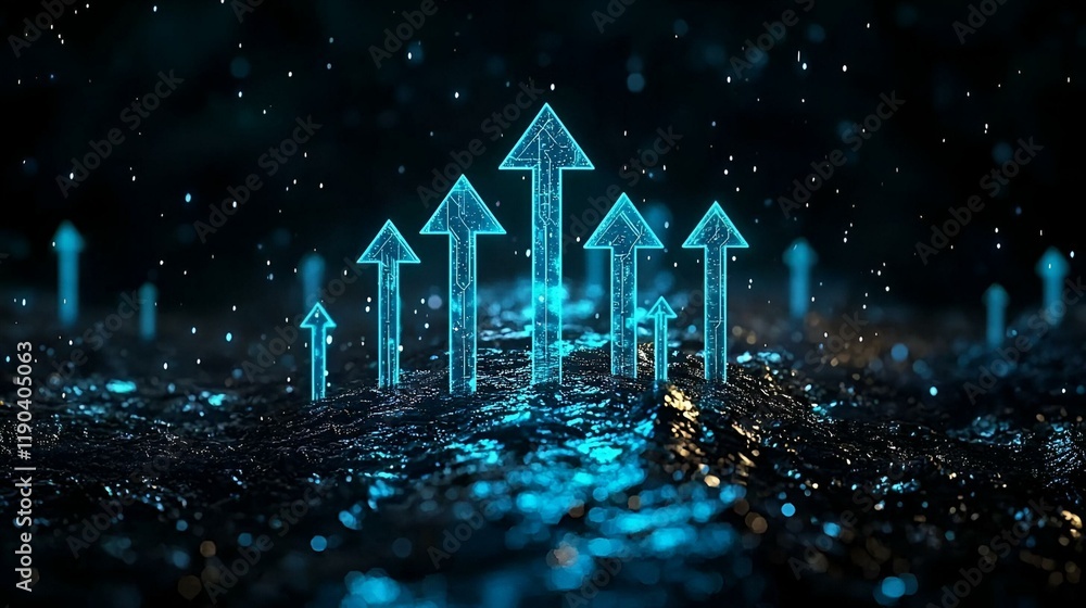 Poster dynamic blue arrows in an abstract vector background, conveying movement and energy, with a blend of