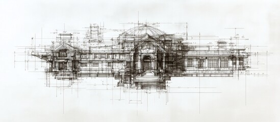 Obraz premium Architectural sketch of a grand mansion with a domed central section and extended wings, shown in sepia tones with superimposed grid lines.