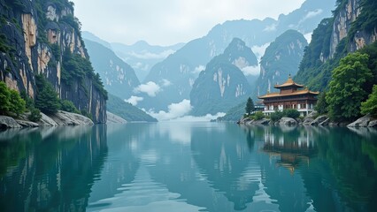 Calm waters mirror the sky before majestic mountains; serene reflections dance across a tranquil expanse, framed by towering peaks