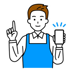 スマートフォンの画面を見せて説明するエプロン姿の男性
