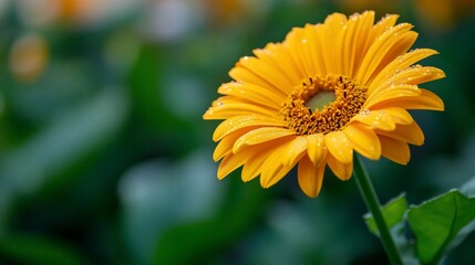 Obraz premium Close-up of a vibrant yellow gerbera daisy with water droplets, set against a blurred green background.