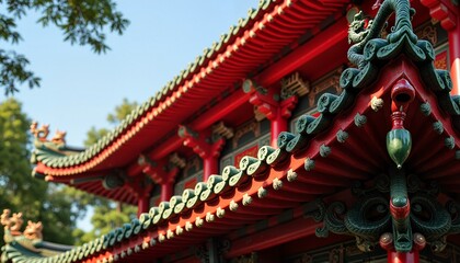 Obraz premium Intricately Carved Asian Temple Eaves in Vibrant Red and Green with Dragon Motifs