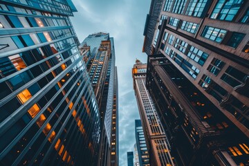 Obraz premium A low angle shot of tall skyscrapers with a cloudy sky in the background, Depict the contrast between modern skyscrapers and historic buildings in the city
