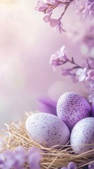 Fototapeta premium Elegant Easter composition with speckled blue eggs in straw nest, decorated with pink feathers and white floral elements. Dreamy bokeh background creates magical holiday atmosphere.