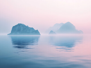 Scenic agate archipelago during a misty morning, with soft fog partially shrouding the islands, cool pastel tones dominating the scene