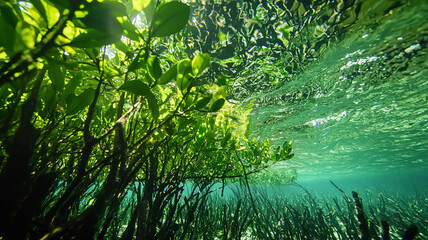 Underwater View Of Green Aquatic Plants With Sunlight Rays Penetrating Through Clear Water Surface