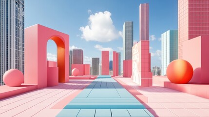 Pastel Cityscape with Geometric Architectural Elements