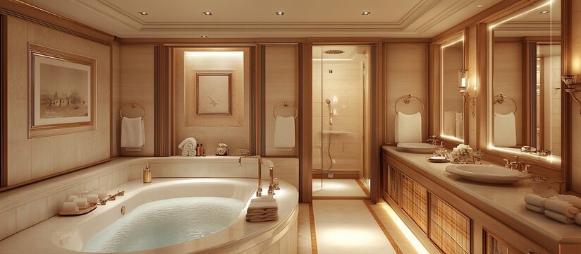 Luxurious master bathroom with bathtub, double sinks, and shower.
