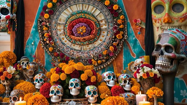 Colorful Day of the Dead altar with flowers, candles, and skulls.