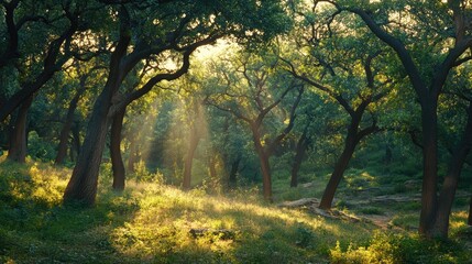 Obraz premium Sunlit Forest Path Morning Sunlight Through Trees