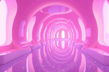 Obraz premium Futuristic Pink Neon Sci-Fi Interior with Glowing Arches and Reflective Floor