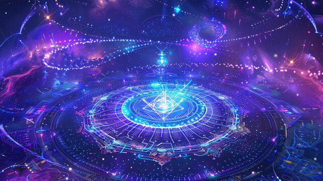 Mystical Magic Circle with Ancient Runes Glowing in Space with Purple Energy Portal