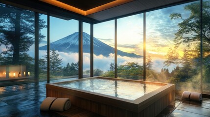 Fototapeta premium A stunning Japanese onsen spa featuring a private wooden tub, a glass wall, and panoramic views of a misty mountain.