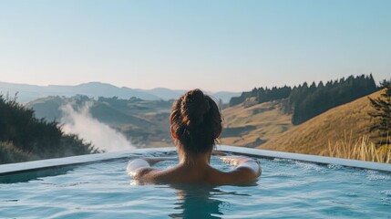 A tourist soaking in an outdoor Japanese onsen with rolling hills in the distance.