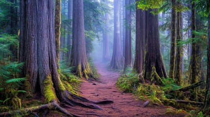 Obraz premium Misty Forest Path Through Tall Ancient Trees