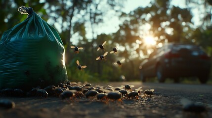 Swarms of Flies Gathering Around a Garbage Bag in the Sunset