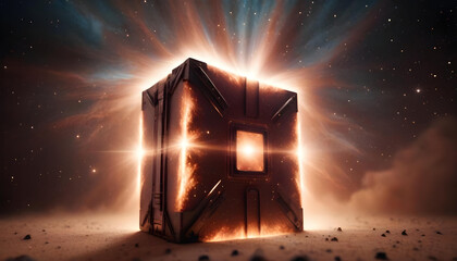 a vivid box shaped nebula emitting bright rays of light, intricate textures showcasing gas and dust, with twinkling stars in the background