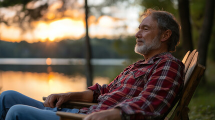 Mature man relaxing by lake at sunset. Ideal for retirement lifestyle, outdoor leisure, or peaceful aging concepts.