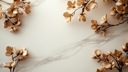 Golden Flowers Arranged on Marble Background