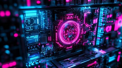 Fototapeta premium Futuristic neon-lit circuit board with glowing central component.