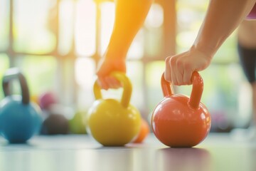 Woman's hands holding kettlebells during fitness workout.